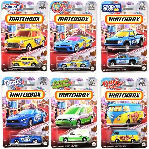 Matchbox Candy-Themed Die-Cast Car Collection 6-Pack Bundle, Limited Edition Vehicles with Charleston Chew, Razzles, Caramel Apple Pops, HVV75-979B