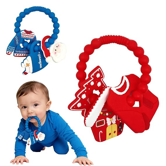 2pcs Christmas Baby Silicone Teether Christmas Tree and Bear Teething Ring Christmas Teething Toys Toddler Teething Chew Toys Gifts or Chritmas Stocking Filler