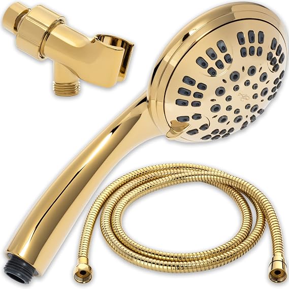 6 Function Handheld Shower Head Bundle - Adjustable High Pressure Rainfall Spray In Removable Hand Held Showerhead With Shower Arm Mount And Stainless Steel Hose, 2.5 GPM - Polished Brass
