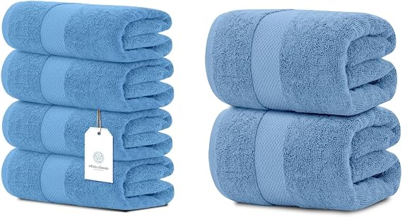 White Classic 4 Luxury Light Blue Bath Towels 27 x 54 and 2 Luxury Bath Sheet Towels 35 x 70 | Cotton, Highly Absorbent and Quick Dry for Hotels, Spa and Bathroom