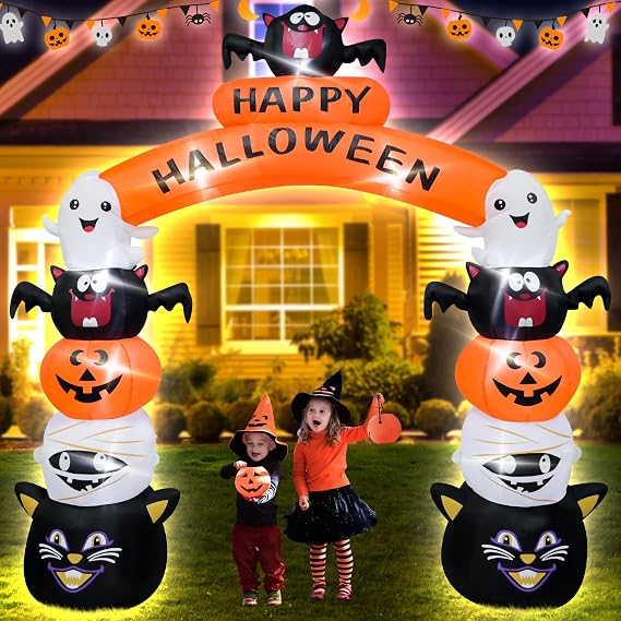 8FT Halloween Arch Inflatable Decoration with LED Lights | Halloween Blow up Stacked Arch by Pumpkin Ghost Cat For Indoor Outdoor Yard Party Graden Holiday Decor