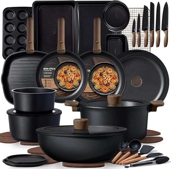CAROTE 47pcs Pots and Pans Set Non Stick, Detachable Handle Cookware Set