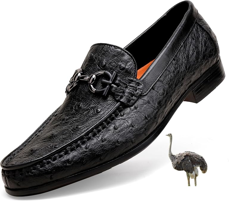 Black Casual Men's Genuine Leather Penny Loafers, Premium Ostrich Patterned Buckle Dress Loafer Shoes Slip on Wedding Party Loafer for Mens