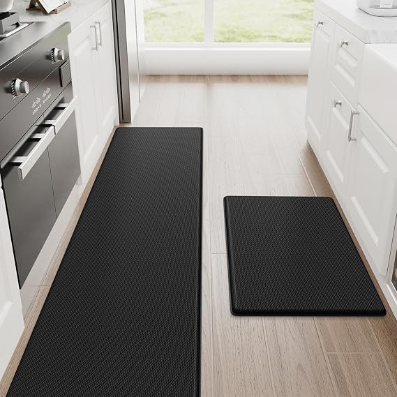 StepRite Kitchen Mats for Floor, 2-Piece Anti-Fatigue Kitchen Rugs, Black