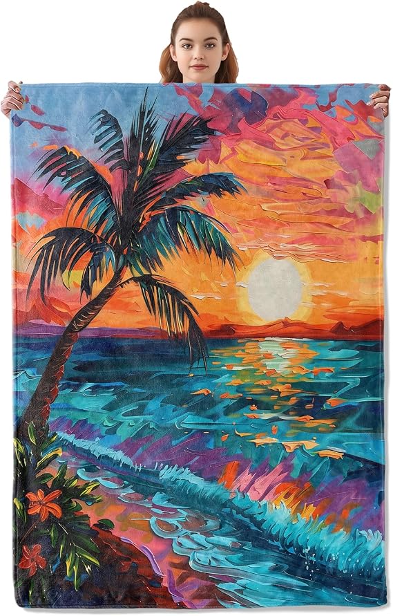 Sunset Beach Pattern Blanket Warm & Cozy Flannel Throw Blanket - Soft Plush Lightweight Blankets for Travel, Sofa, Bedroom, Office, Home Decor for Adults Kids Women 50"×40"