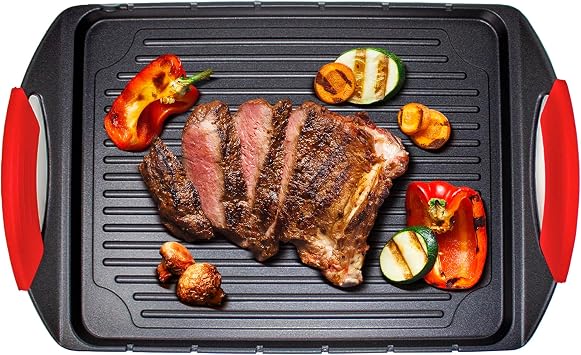 Jean-Patrique Stove Top Griddle with Handles + 6 Stainless Steel Skewers - Cast Aluminum Flat Top Griddle with Metal Skewers for Grilling