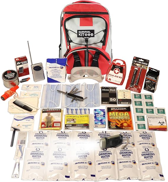 1 Person 72 Hour Essential Survival Kit - Food, Water, First Aid, Tools | Deluxe Survival Kit With First Aid, Emergency Food + Water, Radio, Dynano Flashlight, Shelter + Warmth Items, Hygiene + More
