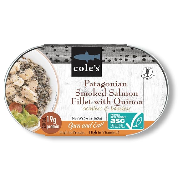 COLES - Patagonian Smoked Salmon Fillet with Quinoa| Ready to Eat Meal | 5.6 oz Hand-Packed Canned Fish | 19g Protein | High in Vitamin D | 1 Unit