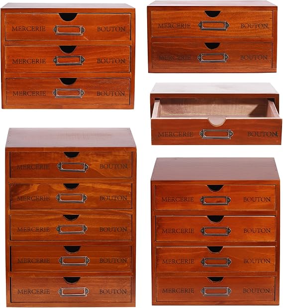 Wooden Desktop Organizer, 5PCS Retro Storage Cabinet Box with Drawers, Mini Tabletop Craft Box Cosmetic Storage Drawer, Portable Desk Letter Mail Sorter for Office Home (Brown)