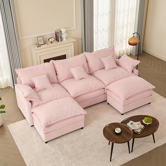 272 cm U-Shaped Modular Sofa, 3-Seater Sectional Couch, Cloud Couch with Movable Ottoman, Deep Seat Sofas for Living Room (Soft Pink, 108" - U Shape)