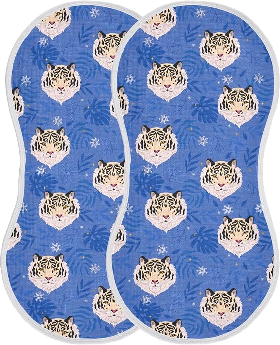 White Tigers Muslin Burp Cloths for Baby Boys and Girls - 2-Pack Ultra Absorbent Muslin Washcloths, Newborn Towel, Milk Spit Up Rags, Burp Cloth Bibs, 22 x 11 Inch