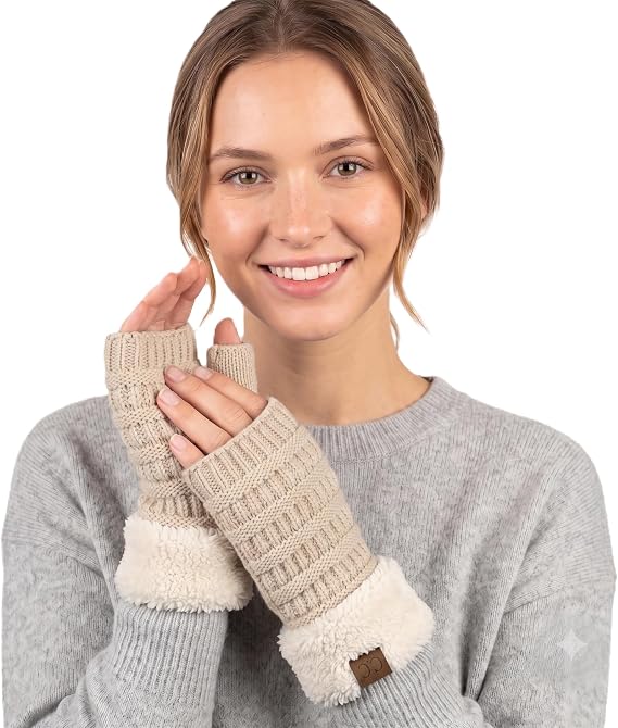 C.C Women's Warm Knit Fingerless Gloves, Fleece Lined Half Finger Winter Mittens, Functional Wrist Length Daily Outdoor Wear
