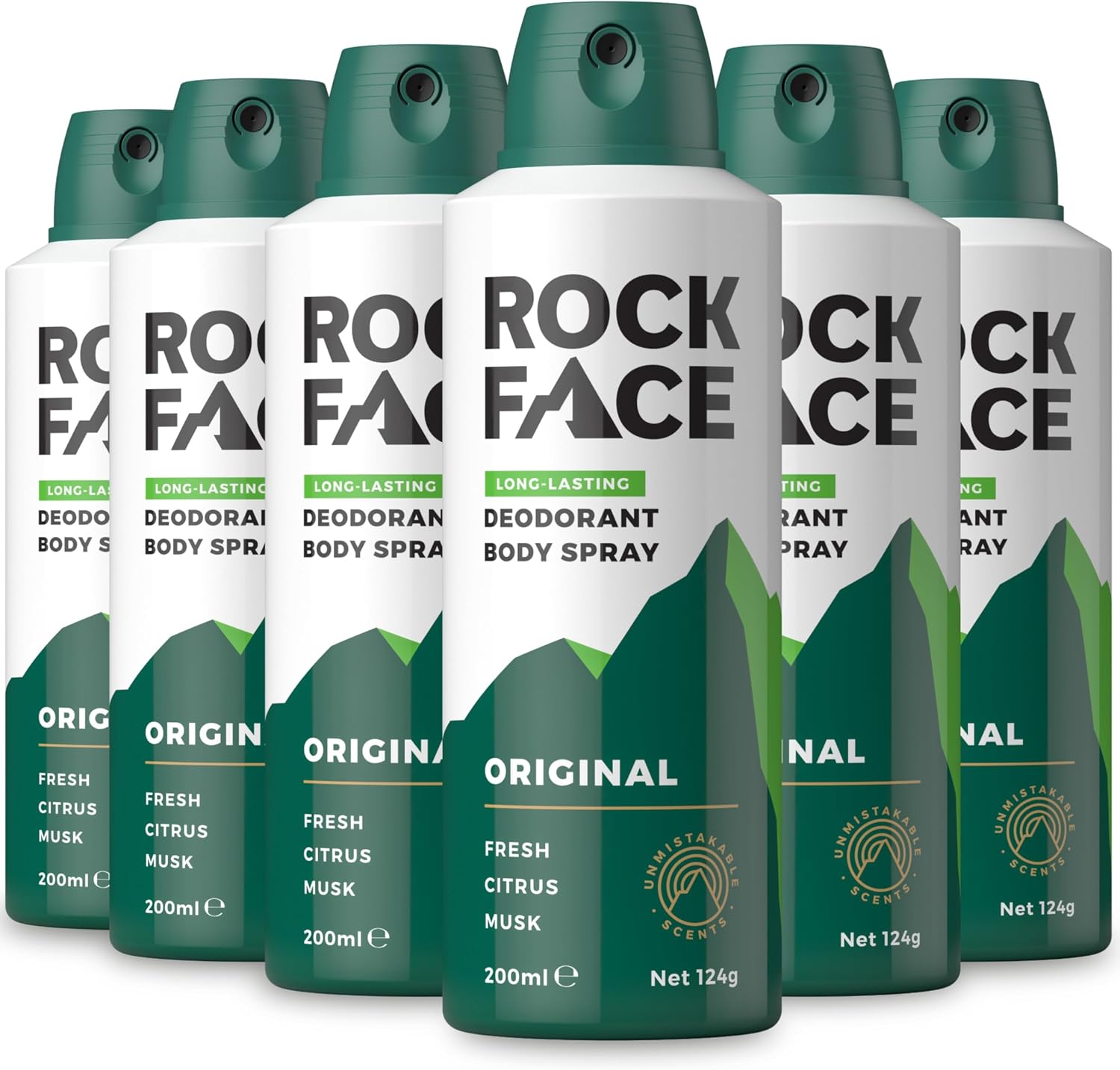 Rock Face Men's Body Spray - Original Fragrance Body Spray Deodorant for Men, 200ml, Fresh Citrus Scent, Long Lasting, Multipack of 6