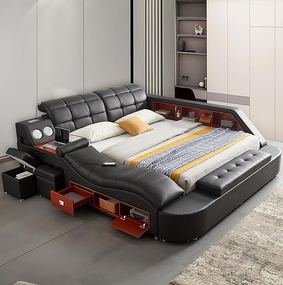 AF ARTISAN FURNITURE Queen Size Smart Multifuncional Bed Frame - Upholstered Leather Platform with Massage Recliner, Bluetooth Speaker, USB Charging, Storage Drawers, Strong Wooden Slats, Black