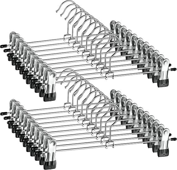 ZOBER Metal Pants Hangers with Clips - Pack of 20 Space Saving Skirt Hangers for Women - Chrome, Non-Slip, Adjustable Clips, for Pants, Skirts, Jeans Closet Organization, College Dorm Essentials