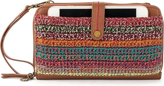 The Sak Iris Smartphone Crossbody Bag in Crochet and Faux Leather, Convertible Wristlet Purse Design, Sunset Stripe