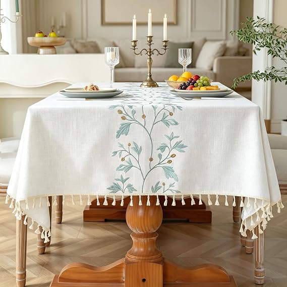 Laolitou Rectangle Embroidered Tablecloth with Tassels 55x120 Inch