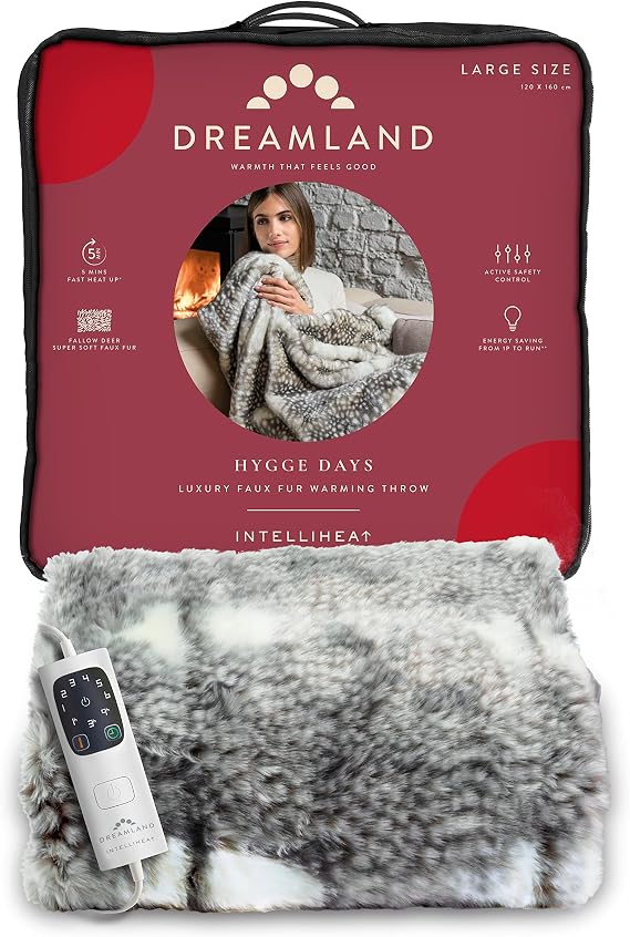 Dreamland Hygge Days Electric Blanket – Heated throw - Fallow Deer Print, Luxury Faux Fur, Fast heat up, 6 temperature settings, 1/3/9-hour auto timer, Electric throw, Machine Washable, 160x120cm