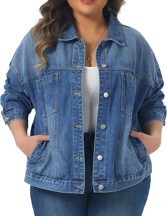 Agnes Orinda Women Plus Size Button Washed Western Denim Jacket
