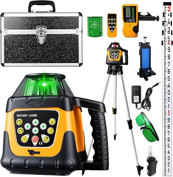 Green Rotary Laser Level 2000ft, 360 Degree Self Leveling Laser Level Kit with Receiver Remote Control and Surveying Tripod 16.4ft Staff, 5 Rotation Speeds& 4 Angles Adjustment,IP66 Waterproof.