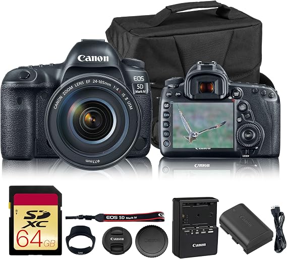 Canon EOS 5D Mark IV DSLR Camera with EF 24-105mm f/4L is II USM Lens | Full-Frame 30.4MP, 4K Video, Dual Pixel CMOS AF | Professional Photography Kit (1483C010) + Canon Shoulder Bag + 64GB Card