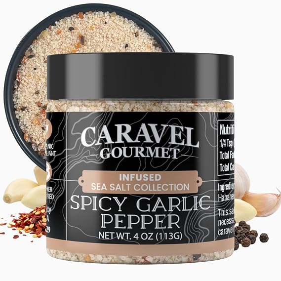 Caravel Gourmet Spicy Garlic Pepper Sea Salt, Chili Pepper Heat, 4 oz Jar