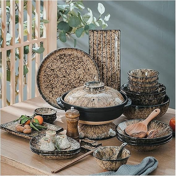 Dinnerware Set Dinner Party Tableware Service Set Ceramics Dinner Sets, 66 Pieces Leopard Glaze Porcelain Dinnerware Set | Japanese-Style Steak Plate Cereal Bowl and Soup Bowl, FPYY2024040817