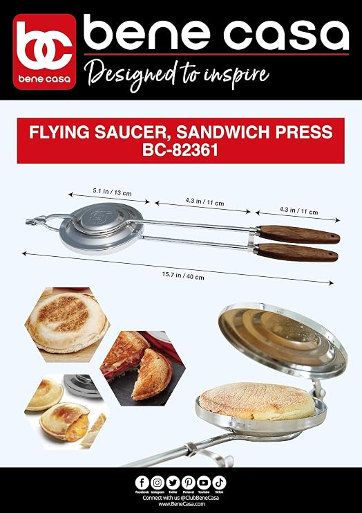 Bene Casa Flying Saucer Sandwich Press with Heavy-duty Natural Wooden Handles16" Ideal for Bonfire or Camping Cooking.Tostadora