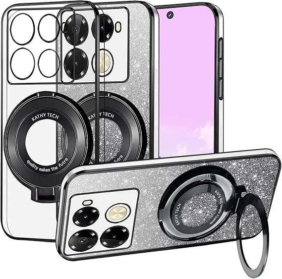 Phone Case for Infinix Note 40 Pro 4G Clear Glitter Magnetic with Ring Stand Compatible with MagSafe Silicone Cover Slim Cute for Infinix Note 40 Pro 4G Case Bling Aesthetic Luxury (Black)