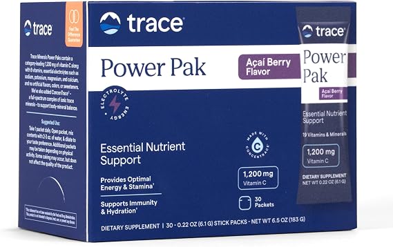 Trace Minerals Power Pak Electrolyte Powder Packets, Acai Berry, 30 Ct | 1200 mg Vitamin C plus Zinc, Immunity and endurance support, Sugar free, No artificial dyes, Keto friendly