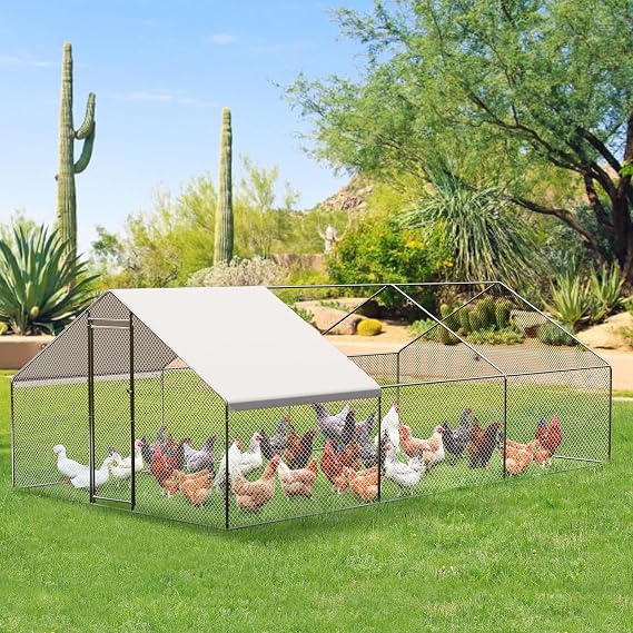 Large Metal Chicken Coop with Waterproof Cover, 10 x 20 x 6.5 Ft Walk-in Chicken Runs for Yard, Galvanized Wire Poultry Chickens Hen Pen Cage for Backyard Farm
