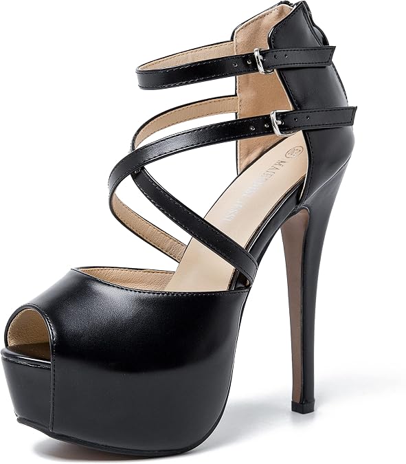 MAIERNISI JESSI Women's Platform High Heel Sandals, Peep Toe, Crisscross Straps, Strappy Ankle Buckle, Zip, Stiletto Heels