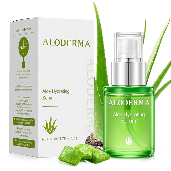 Aloderma Hydrating Face Serum with Organic Aloe + Hyaluronic Acid, 1.7 oz | Unscented 50 ml liquid with 65 percent fresh plant extract & snow mushroom. Ideal daily skincare for sensitive skin