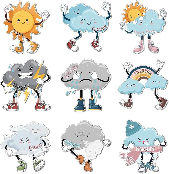 Fulmoon 9 Pcs Weather Posters Set Human Shaped Weather Table Chart Weather Bulletin Board Division Chart Artificial Weather Chart for Preschool Kindergarten Leaning Studying Classroom Wall Decor