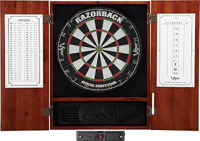 Viper Metropolitan Solid Wood Cabinet & SisalBristle Dartboard Play-Ready Bundle: Elite Set Razorback Dartboard, Darts and Laser Throw Line, Cinnamon Finish