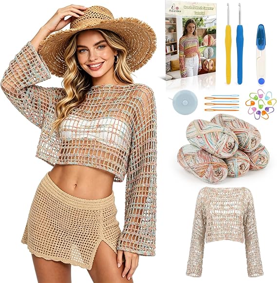 Aeelike Crochet Kit for Adults,Women Crochet Top Beach,Gradient Cotton Yarn
