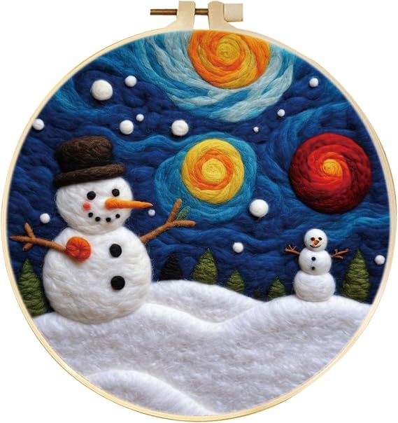 yesJRL Christmas Snowman Needle Felting Kit, Felt Painting Kits for Beginners, Felt Painting Set Gift for Xmas Decoration, Starter Needle Felting with Pad, Needles, Wool, Decorative Frame