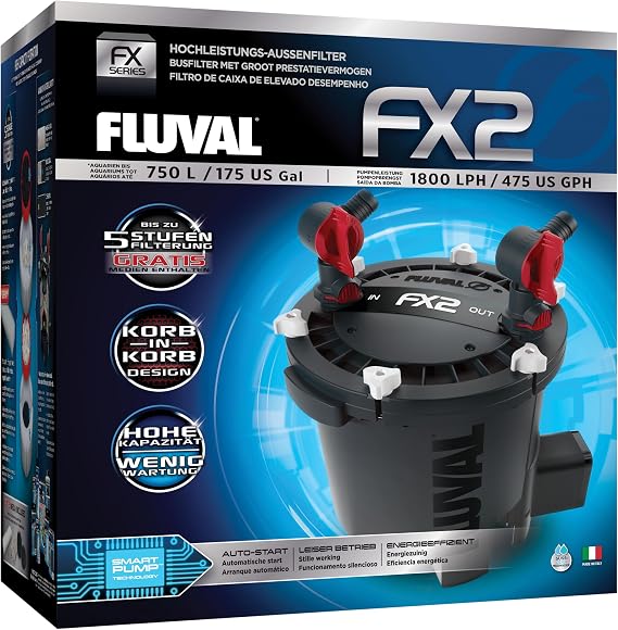 Fluval FX2 High Performance Canister Aquarium Filter | Multi-Stage Filtration, Built-in Powered Water Change System, and Basket-in-Basket Tray Design