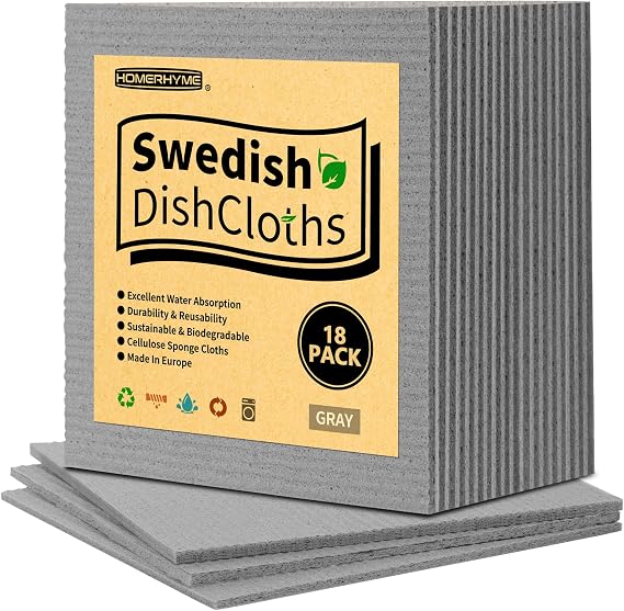 Swedish Dishcloths, 18 Pack Absorbent Dish Towels for Kitchen, Multipurpose Cellulose Sponge Cloths, Reusable Washable Towels for Home & Kitchen, Grey