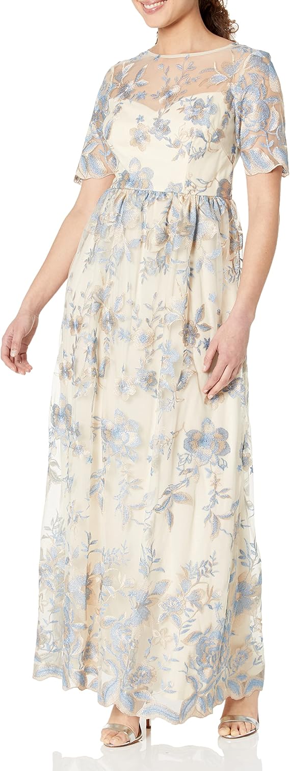 Adrianna Papell Women's Long Illusion Emb Mesh Gown
