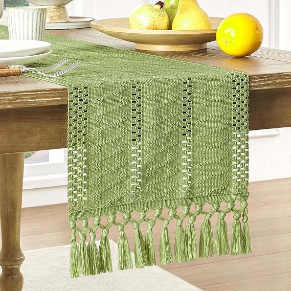 Macrame Style Boho Table Runner, 12x108 Inch Green | Woven Boho Table Runner with Handmade Tassels, Crochet Hollow Table Scarf, Farmhouse Kitchen Home Decor Dresser Runner