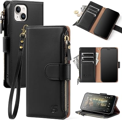 Compatible with iPhone 15 Plus Wallet Case with Card Holder,Women Men RFID Blocking PU Leather Flip Cover Wrist Strap Zipper Credit Card Slots,Phone Case for Apple 15 Plus,Black