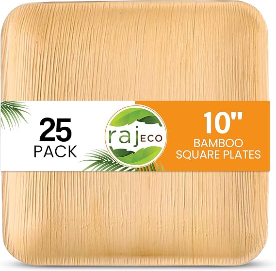 Raj Bamboo Disposable Heavy Duty 10" Square Plates 25 Pack