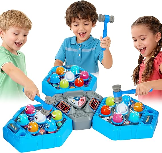 3-Player Whack Game Toy Mole with Lights & Sounds, 3Modes&7Speed Levels, LED Scoreboard, Interactive Hammer Toy, Educational Pounding Game for Kids Ages 3-10, Gifts for Boys & Girls