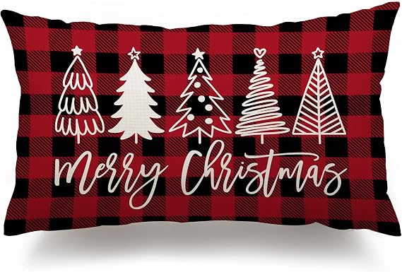 DFXSZ Christmas Pillow Covers 12x20 Inch Tree Merry Decorative Red Black Plaid Throw Pillows Winter Decor for Home Couch