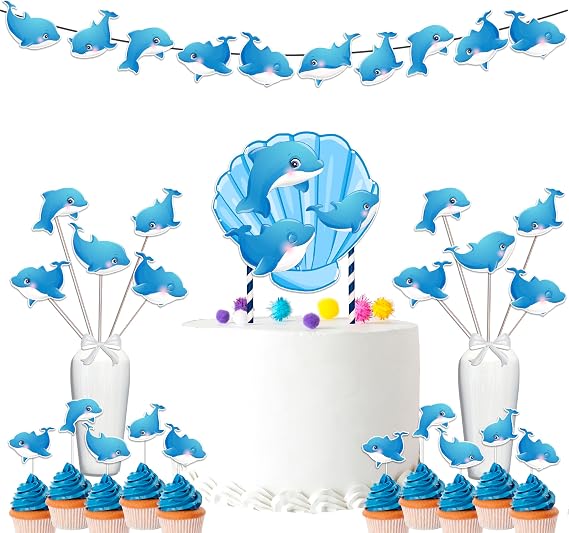 Dolphins Baby Shower and Birthday Party Supplies Set - Banner, Centerpieces, Cupcake Toppers, Cake Topper