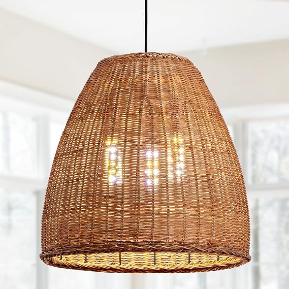 16.5" Rattan Pendant Light,Woven Brown Wicker Chandelier