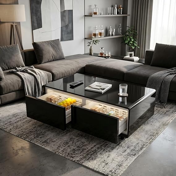 KEIKI Modern Coffee Table with Built-in Fridge & Power Outlets, Black