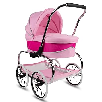 Valco Baby Classic Bassinet Doll Stroller - Hot Pink, Luxury Vintage-Style Pram, Removable Bassinet, Handcrafted Wheels, Ideal Gift for Kids Ages 3+