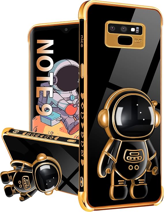 Lotadilo for Samsung Galaxy Note 9 Case, Galaxy Note 9 Cases with Astronaut Stand for Women Girls, Girly Cute Spaceman Love Heart Gold Plating 6D Phone Cover with Kickstand for Note 9 6.4 Inch (Black)